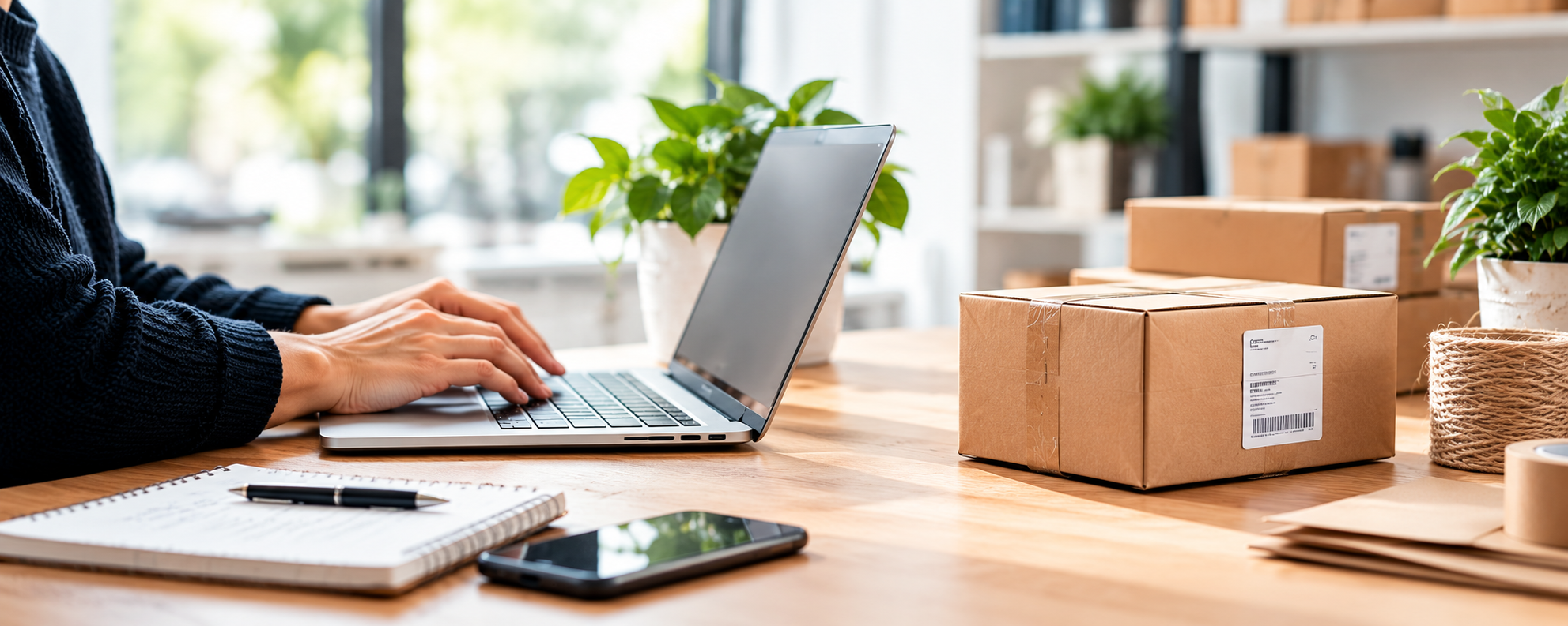 Parcels ready to ship beside a laptop