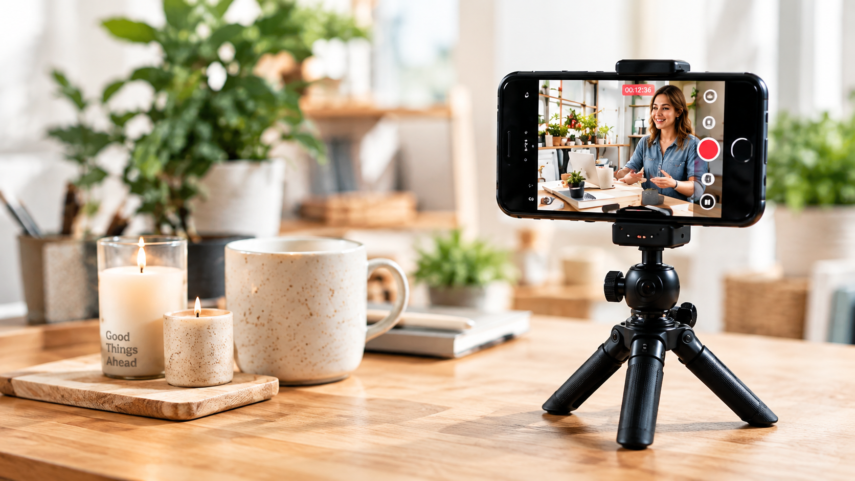 A phone on a tripod filming content in a café