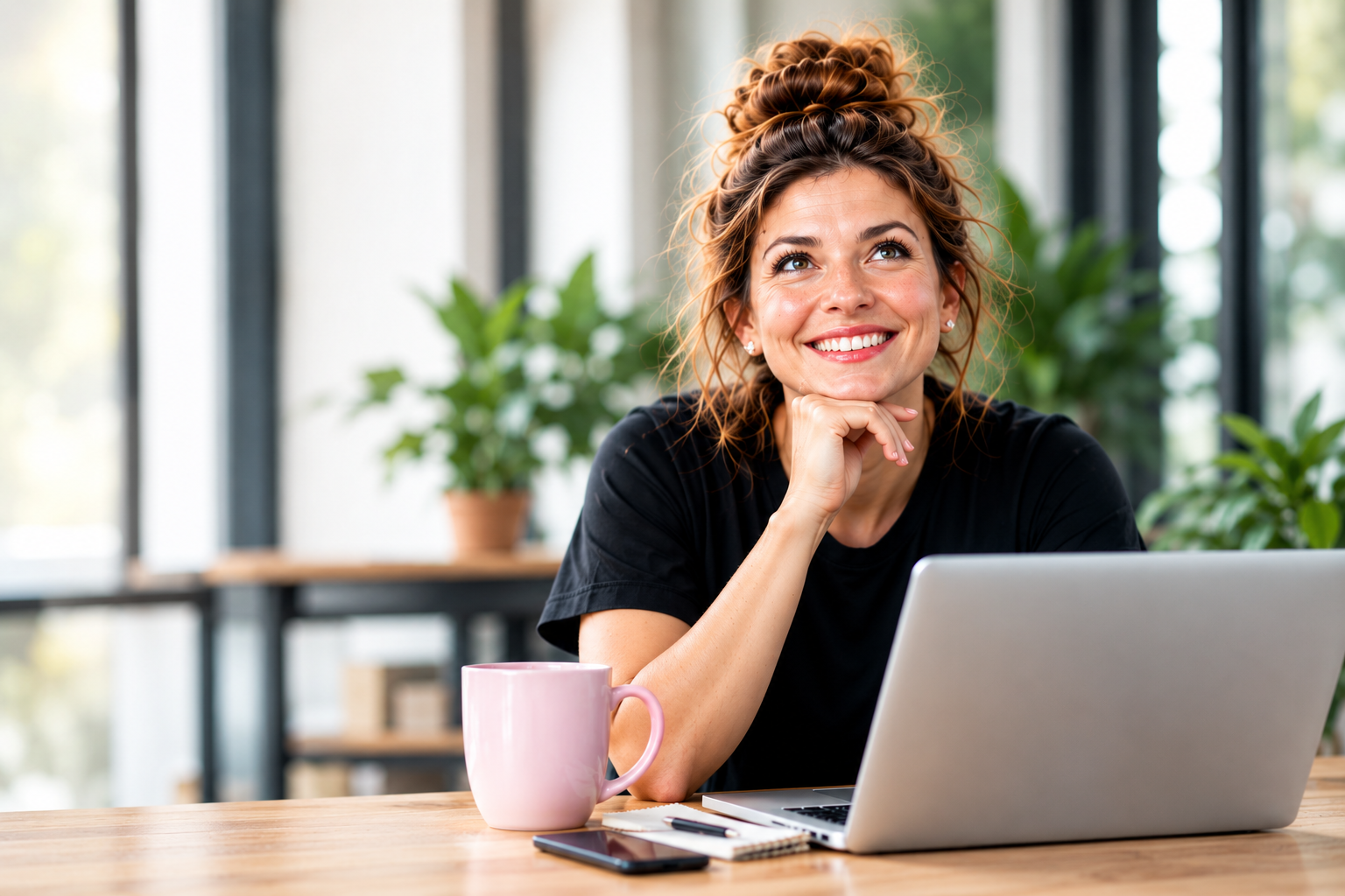 A smiling woman working at a laptop in a bright workspace